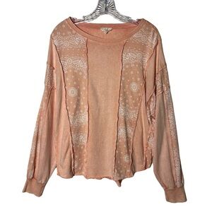 Easel | Peach Floral Patchwork Exposed Seam Oversized Long Sleeve Top, Medium